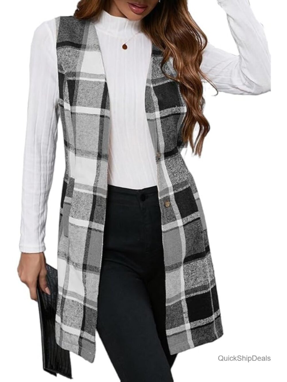 Womens Long Plaid Sleeveless Vest Trench Coat Button Front Waistcoat